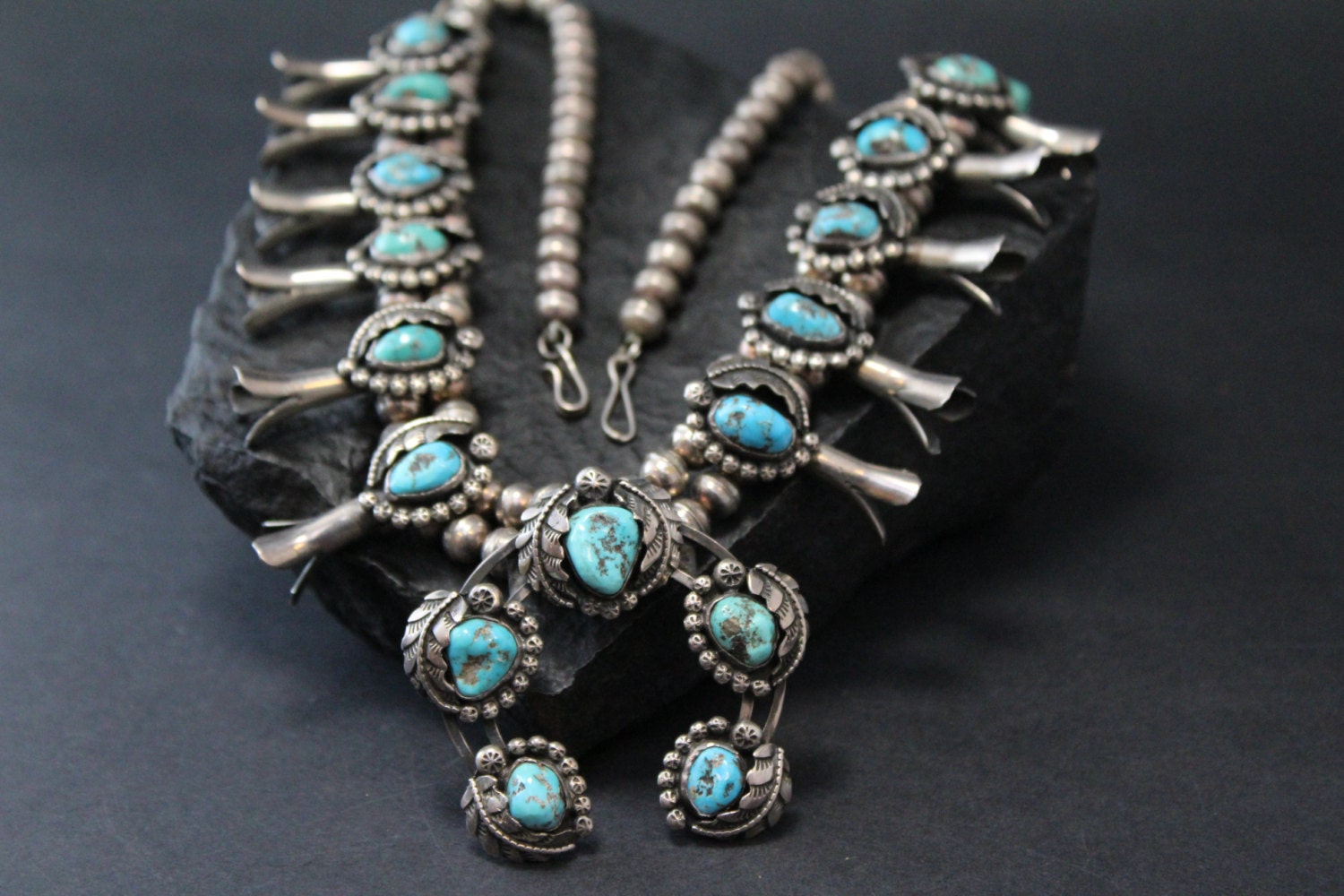 Sterling Silver Native American Squash Blossom, Navajo Squash Blossom, Turquoise Necklace, Old