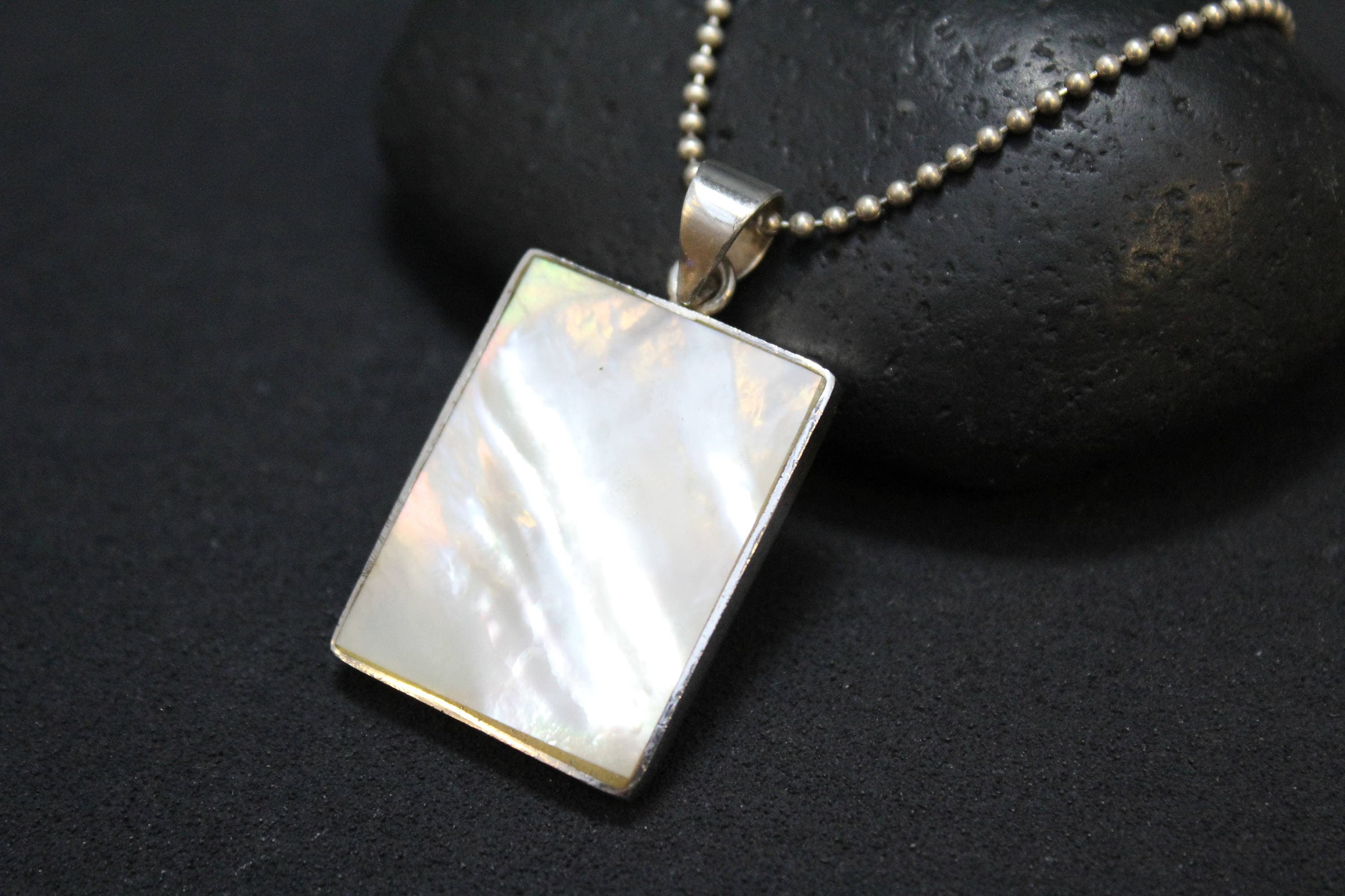 Sterling Silver Rectangular Mother of Pearl Pendant on Long Ball Chain