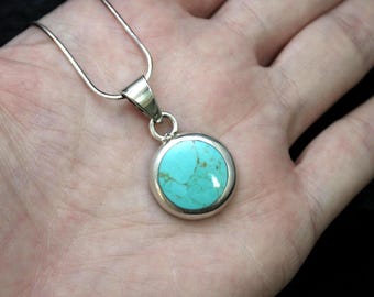 TAXCO Vintage Mexican Silver "MONTERO" Signed Blue Stone Necklace, Round Pendant on 18" Snake Chain, VTG 950 Southwestern Minimalist Design