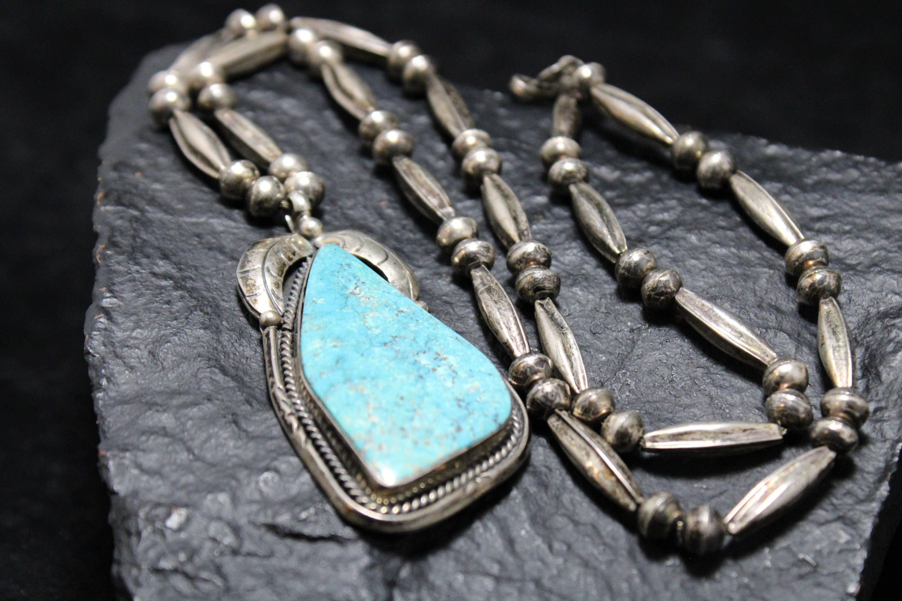Sterling Silver Old Pawn American Turquoise with Leaf Detail, Vintage Silver Turquoise Necklace