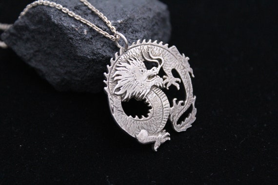 925 Dragon Necklace, Sterling Dragon Pendant on ch