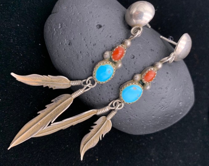 Feather Drop Earrings With Coral, Turquoise, and Sterling Silver | 925 Southwestern Earrings | Silver Earrings