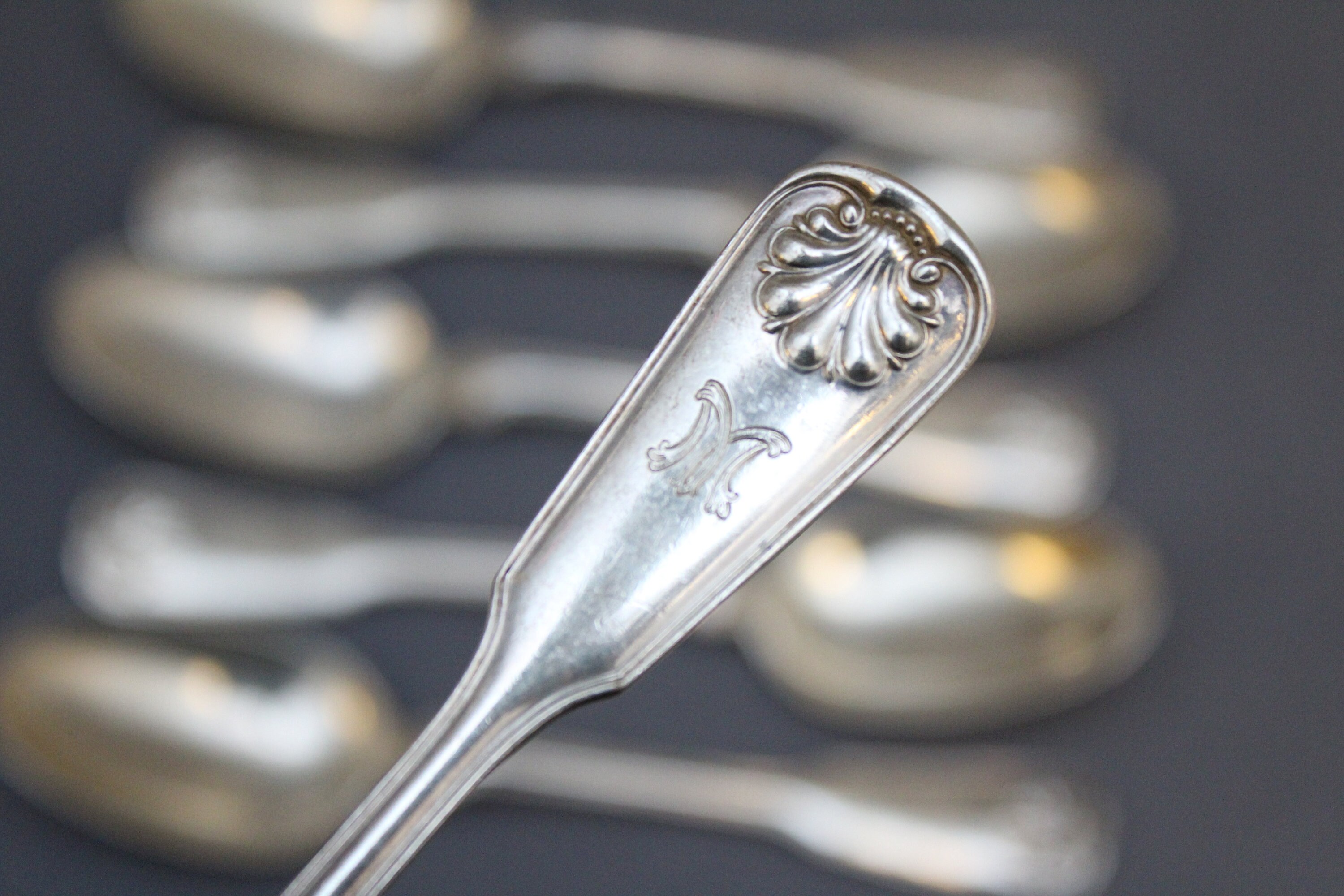 Set of 6 Sterling Silver Tiffany & Co Shell and Thread Teaspoons with M