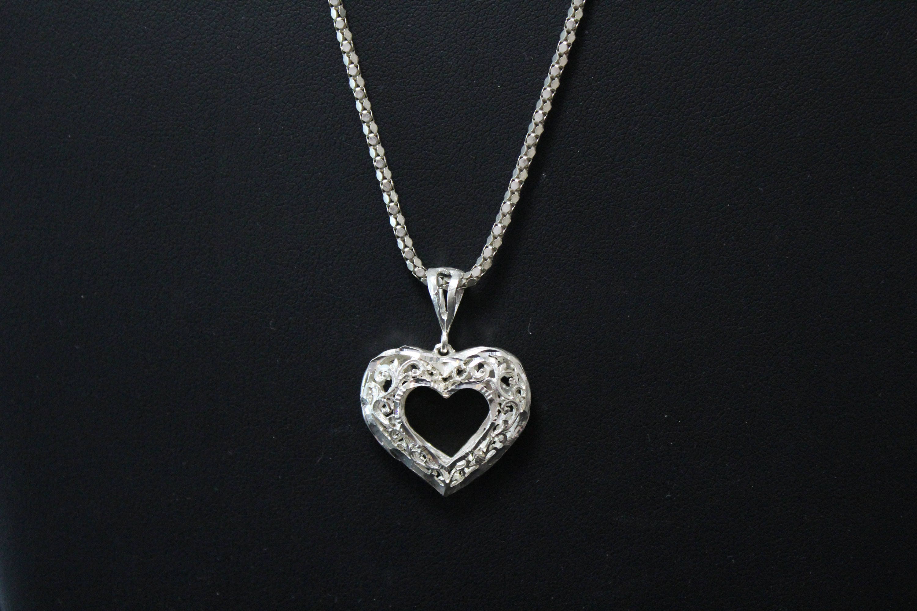 Sterling Silver Open Filigree Long Heart Necklace, Long Sterling