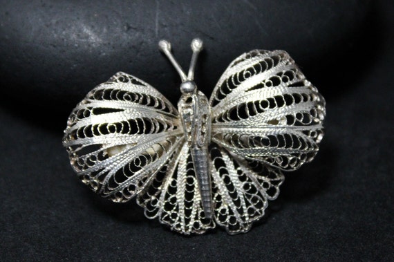 Vintage Filigree Sterling Silver Filigree Moth Bu… - image 2