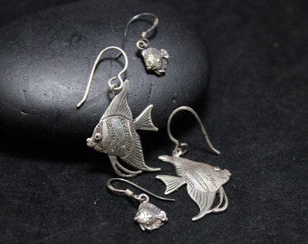 Lot of 2 Sterling Silver Tropical Fish Dangle Earrings, Silver Fish Earrings, Small Silver Fish, Ocean Life Jewelry, Fish Jewelry