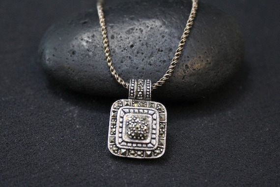 Sterling Silver Art Deco Square Marcasite Necklac… - image 1