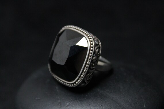Vintage Sterling Silver Cocktail Ring, Silver Statement Ring, Large Stone Cocktail Ring, Square Sterling Ring, Flower Design Silver Ring