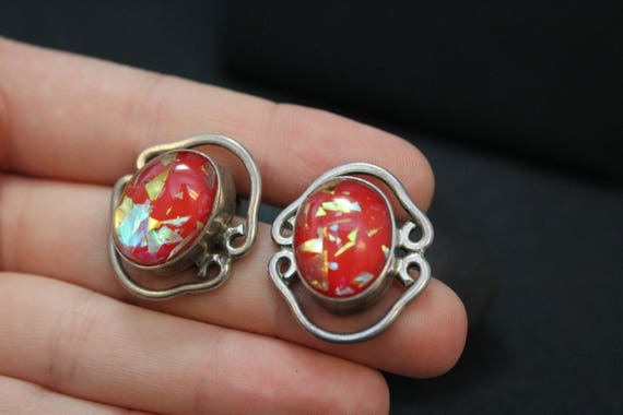 Sterling Silver Red Simulated Opal Earrings, Red … - image 5