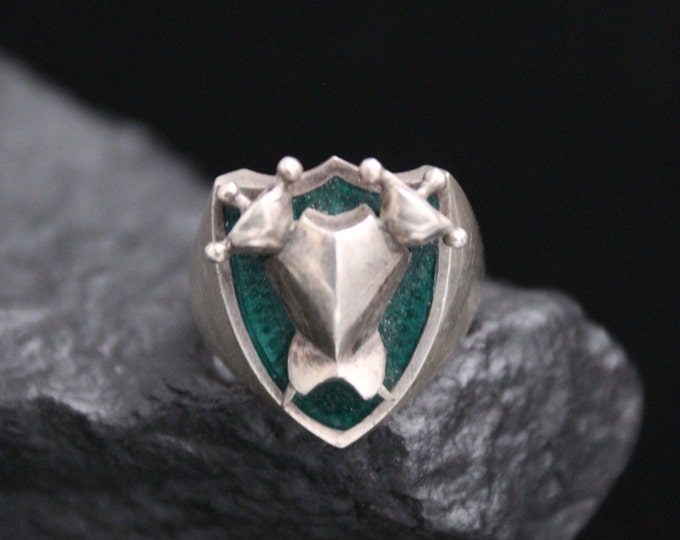Sterling Silver Medieval Knight Armor Vintage Ring with Swords and Armor Shield, Middle Ages Retro Style Knights Templar Jewelry