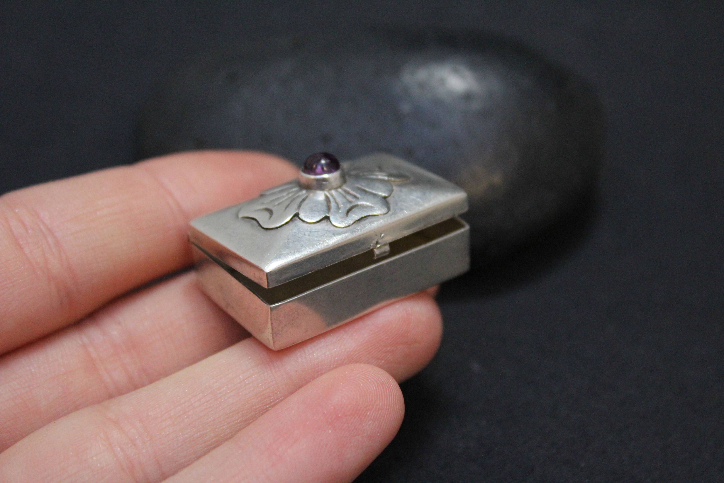 Sterling Silver Amethyst Gemstone Pill Box, Small Sterling Box