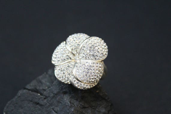 Sterling Silver Pave Crystal Flower Ring, Sterling Silver Hawaiian Flower Ring, Sterling Plumeria Ring, Big Sterling Flower Ring