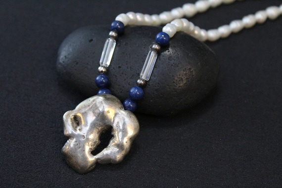 Sterling Silver Brutalist Pendant on Lapis and Pea