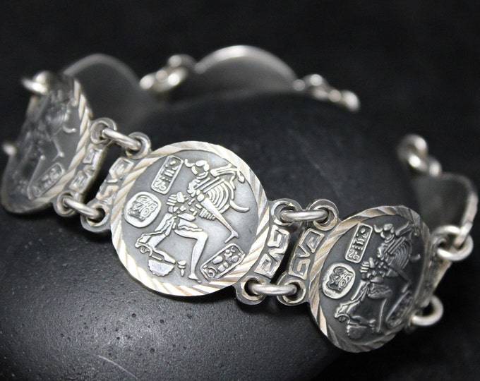 Sterling Silver Signed Taxco Aztec Panel Bracelet, Big Sterling Silver Link Bracelet, Taxco Sterling Jewelry, Sterling Silver Jewelry