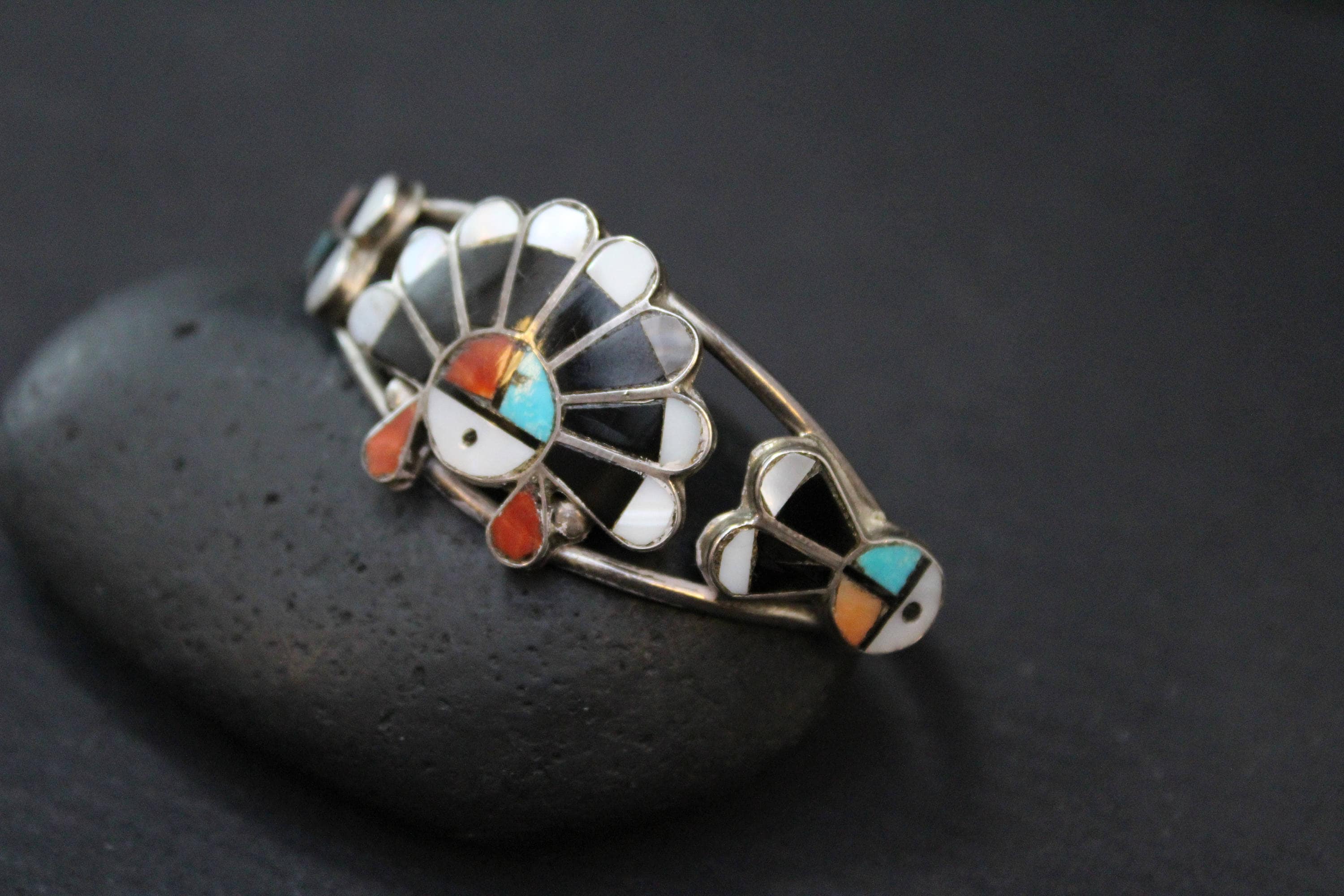 RESERVED for 7b3k8w Sterling Silver Old Pawn Zuni Inlay Sun God Cuff