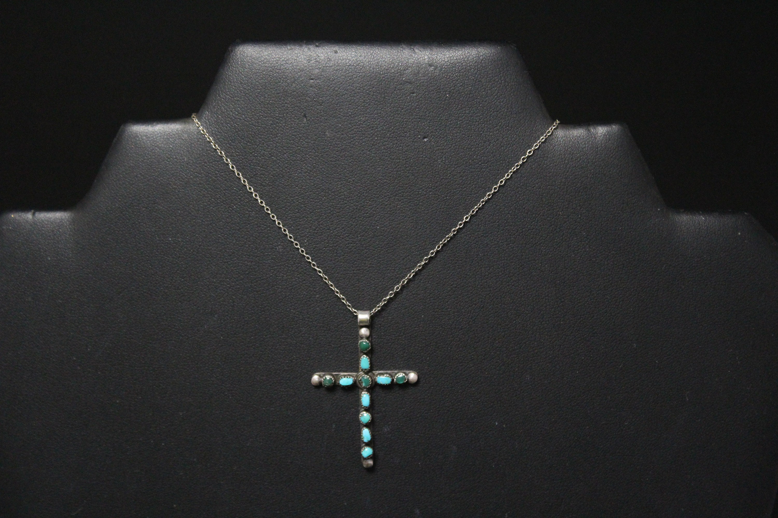 Sterling Silver Old Pawn Zuni Petit Point Cross Necklace, Turquoise