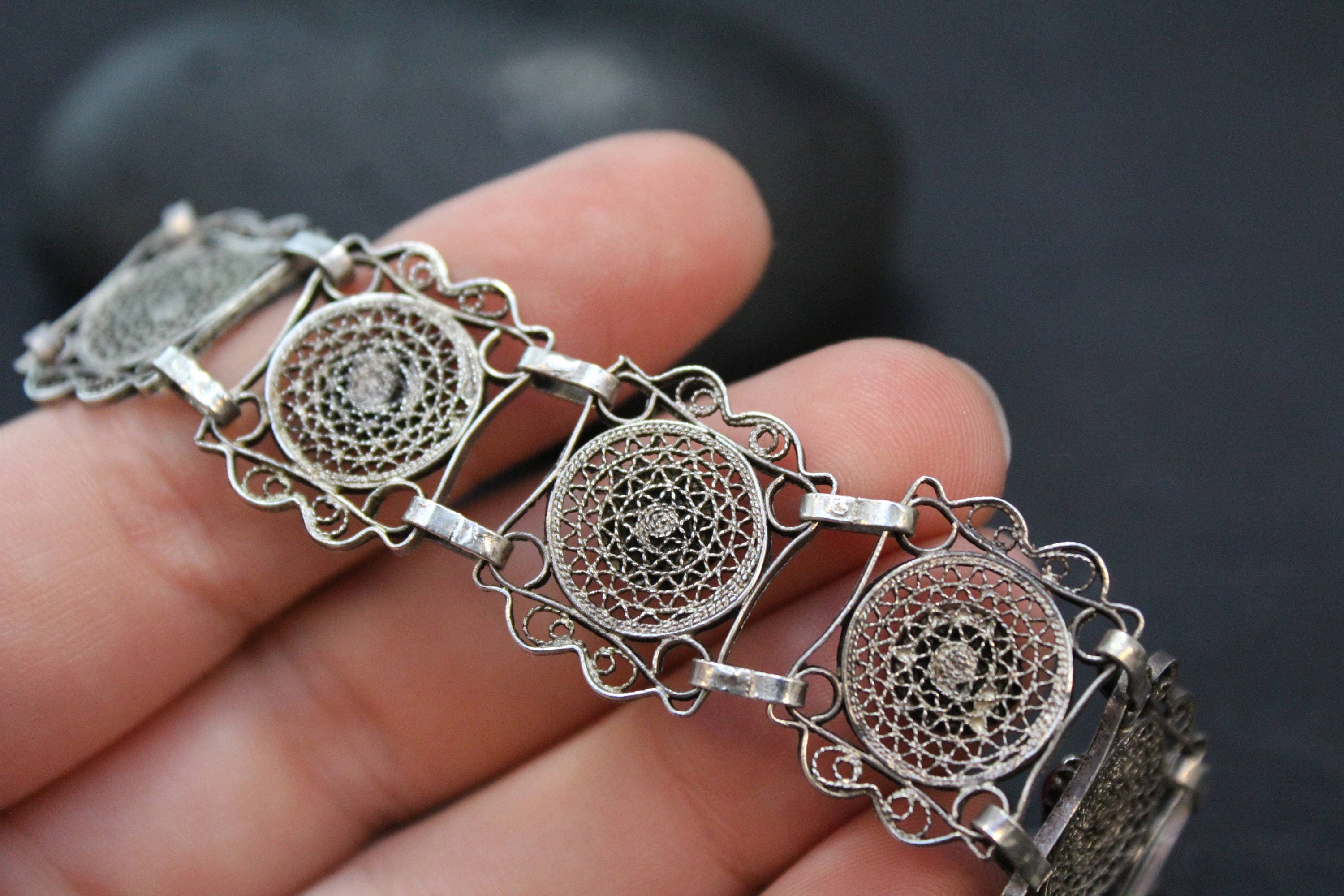 Antique Sterling Silver and Coral Filigree Link Bracelet, Sterling ...