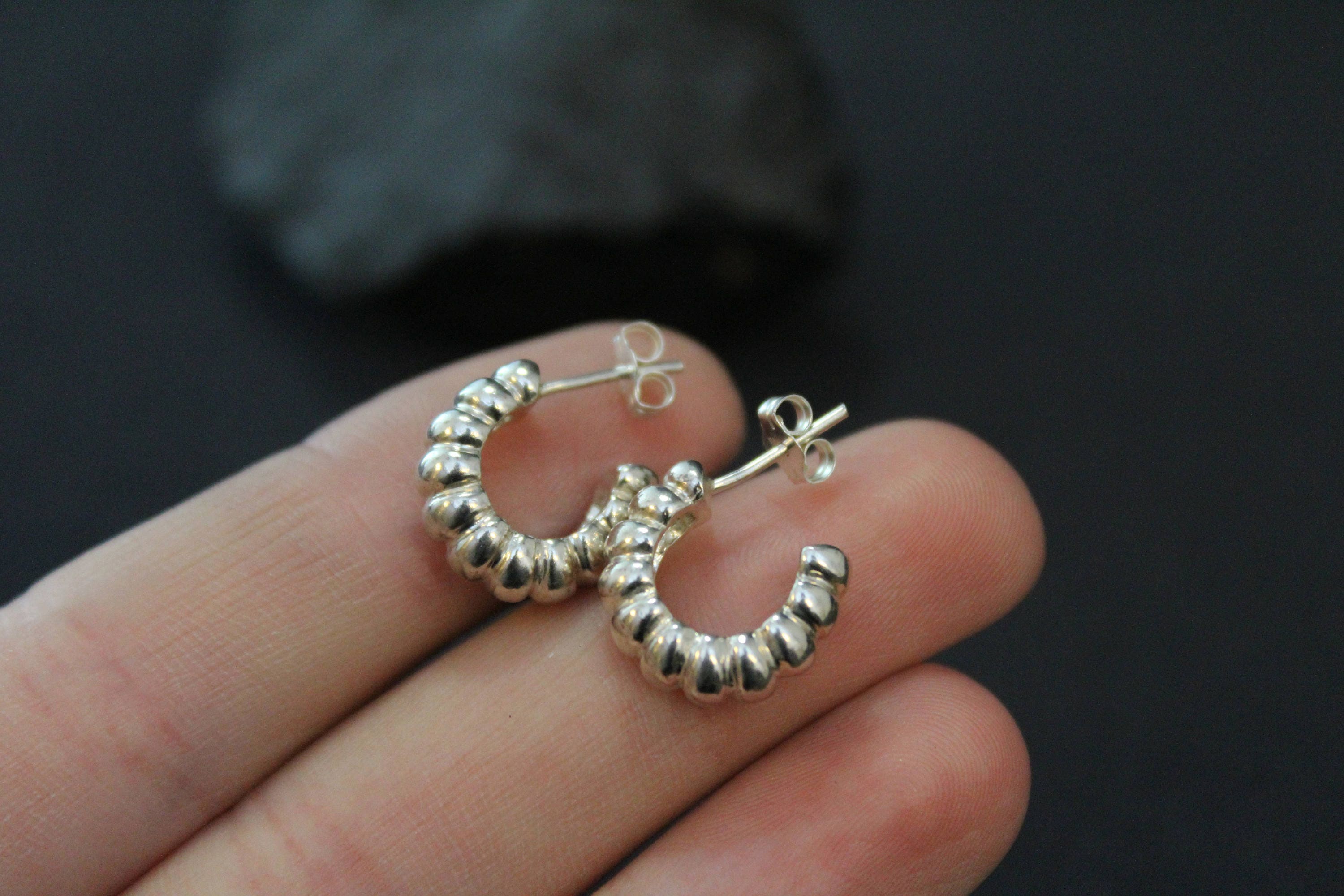 Sterling Silver Ribbed Hoop Earrings, Half Hoop Earrings, Sterling Half ...