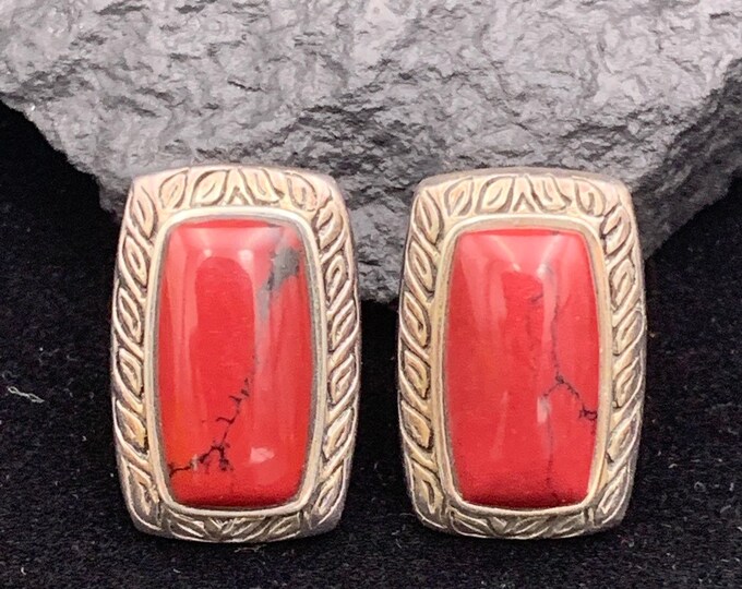 Exquisite Red Turquoise and Sterling Rectangular Earring Pair, Red Turquoise Earrings, Blood Red Turquoise Earring