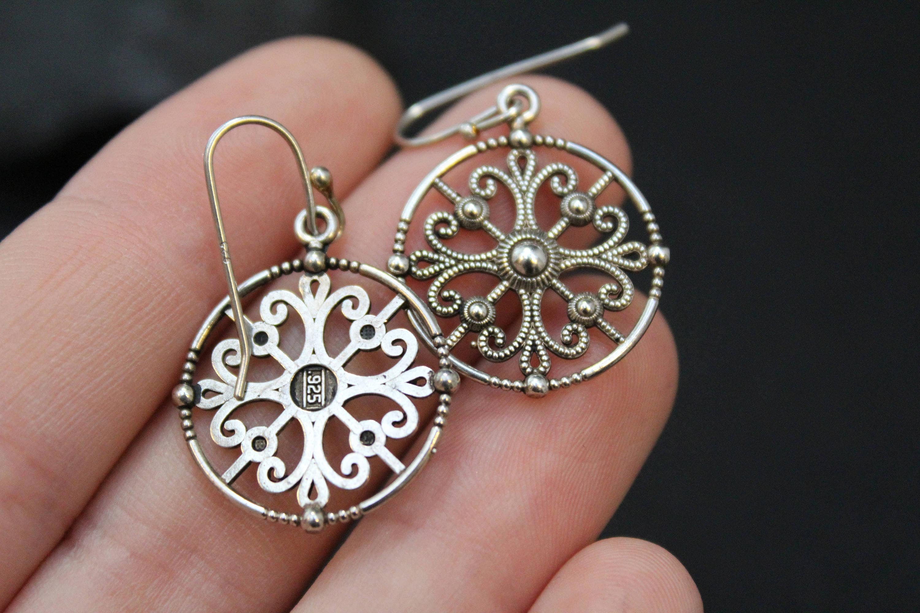 Round Sterling Silver Filigree Dangle Earrings, Sterling Filigree