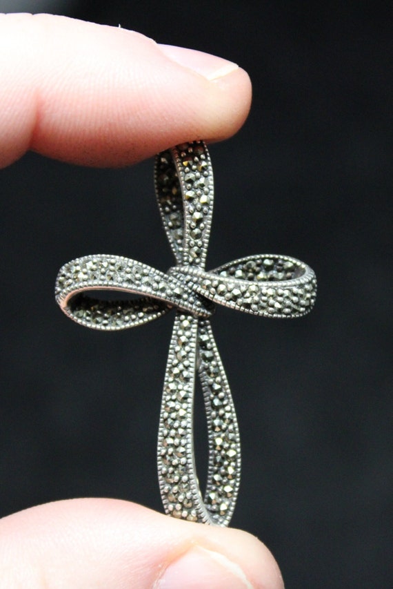 Sterling Silver Marcasite Cross Pendant, Marcasit… - image 7