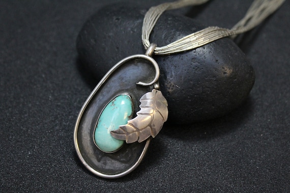 Sterling Silver and Turquoise Leaf Statement Necklace, Leaf Necklace, Sterling Turquoise Necklace