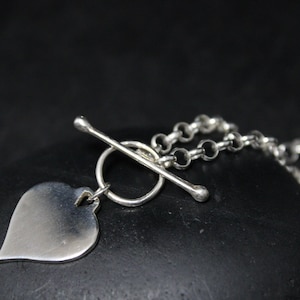 Sterling Silver Toggle Heart Minimalist Chain Necklace, Sterling Heart Necklace, Silver Heart Tag Necklace, Sterling Rolo Chain Necklace