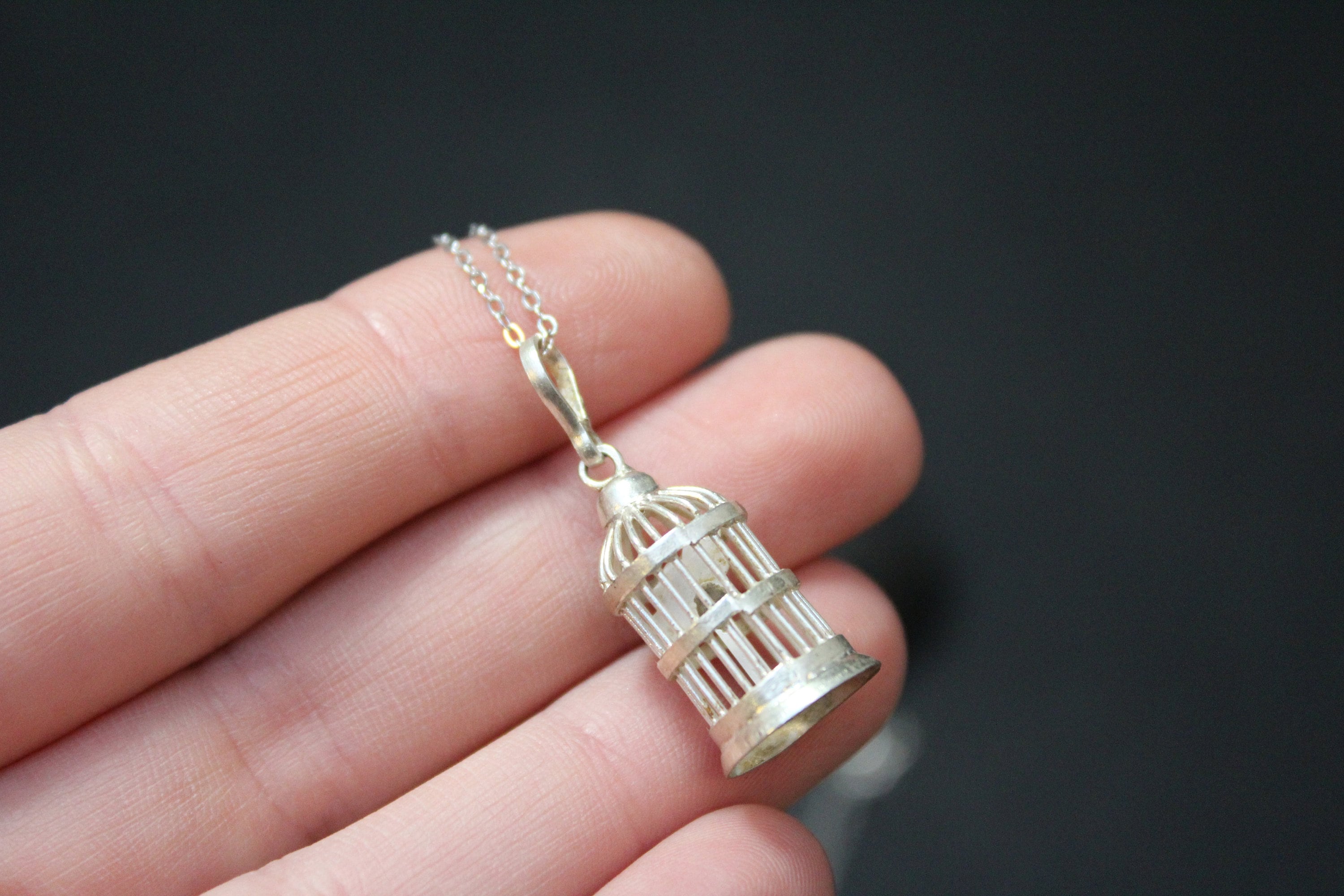 Sterling Silver Bird Cage Necklace, Sterling Bird Cage Jewelry, Bird