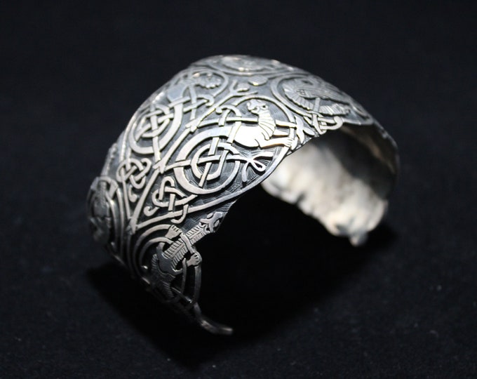 Designer Large Oxidized Sterling Open Cuff Bracelet, Wide Highlander Sterling Silver Lizard Design