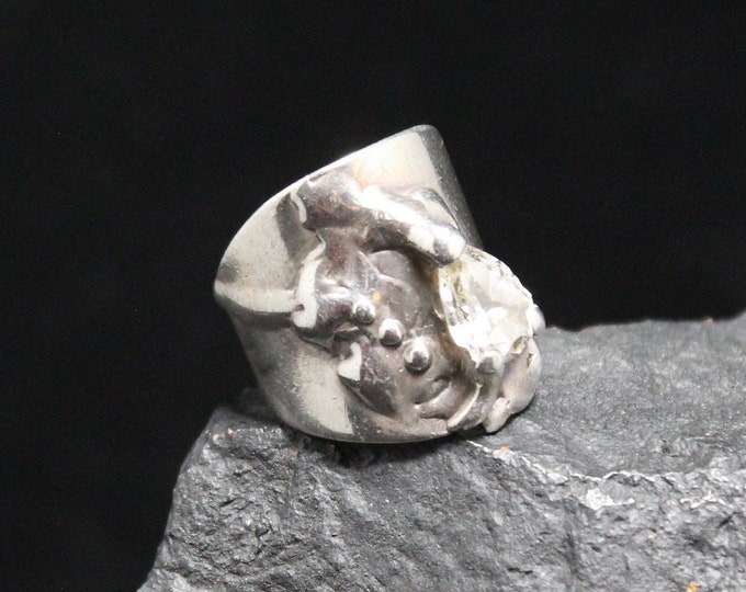Stunning Sterling Silver Modern Cigar Band Ring with Pear Shaped CZ, Sterling Silver Statement Cigar Band Ring with Teardrop CZ, Unique Ring
