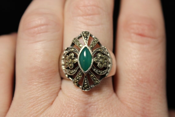Sterling Silver Art Deco Style Green Chrystoprase… - image 6