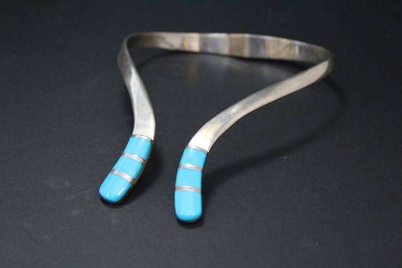 Sterling Silver Modernist Mexico Turquoise Inlay Hinged Collar 