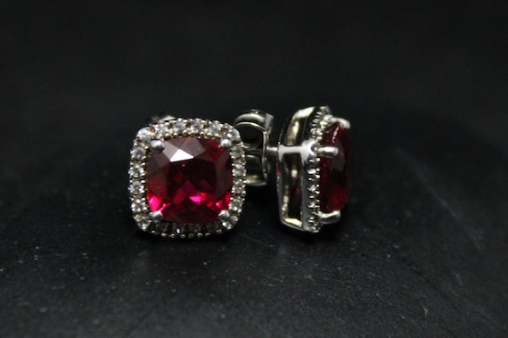 Sterling Silver Lab Created Ruby and CZ Halo Stud… - image 2