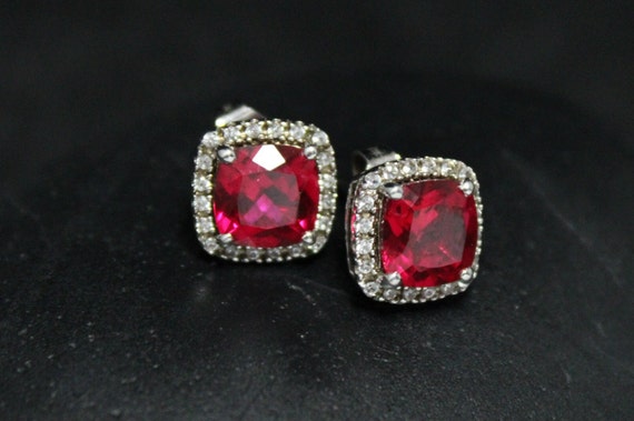 Sterling Silver Lab Created Ruby and CZ Halo Stud… - image 3