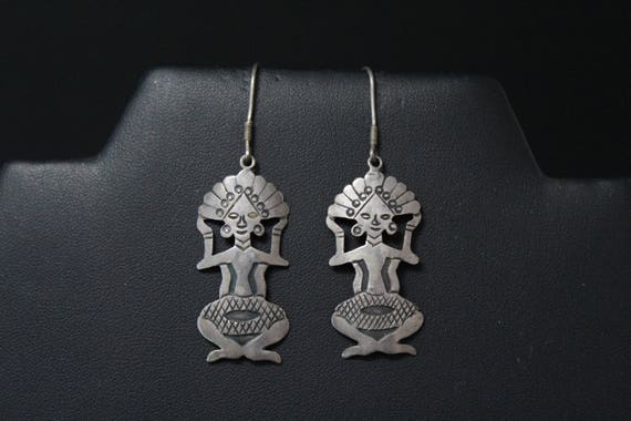 Sterling Silver Tribal Figure Dangle Earrings, Tri