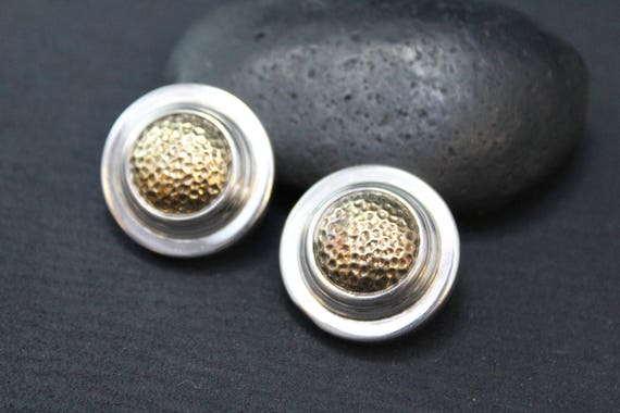 Sterling Silver Two Tone Button Earrings (AS IS),… - image 1