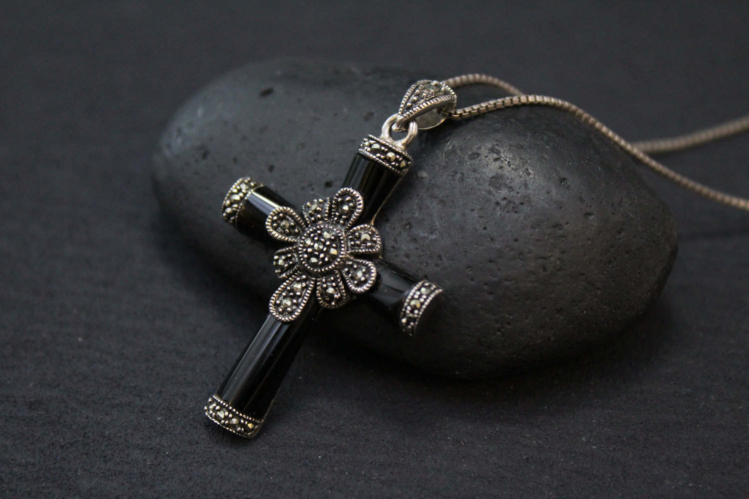 Sterling Silver Onyx Cross, Black Onyx Jewelry, Silver Marcasite Cross