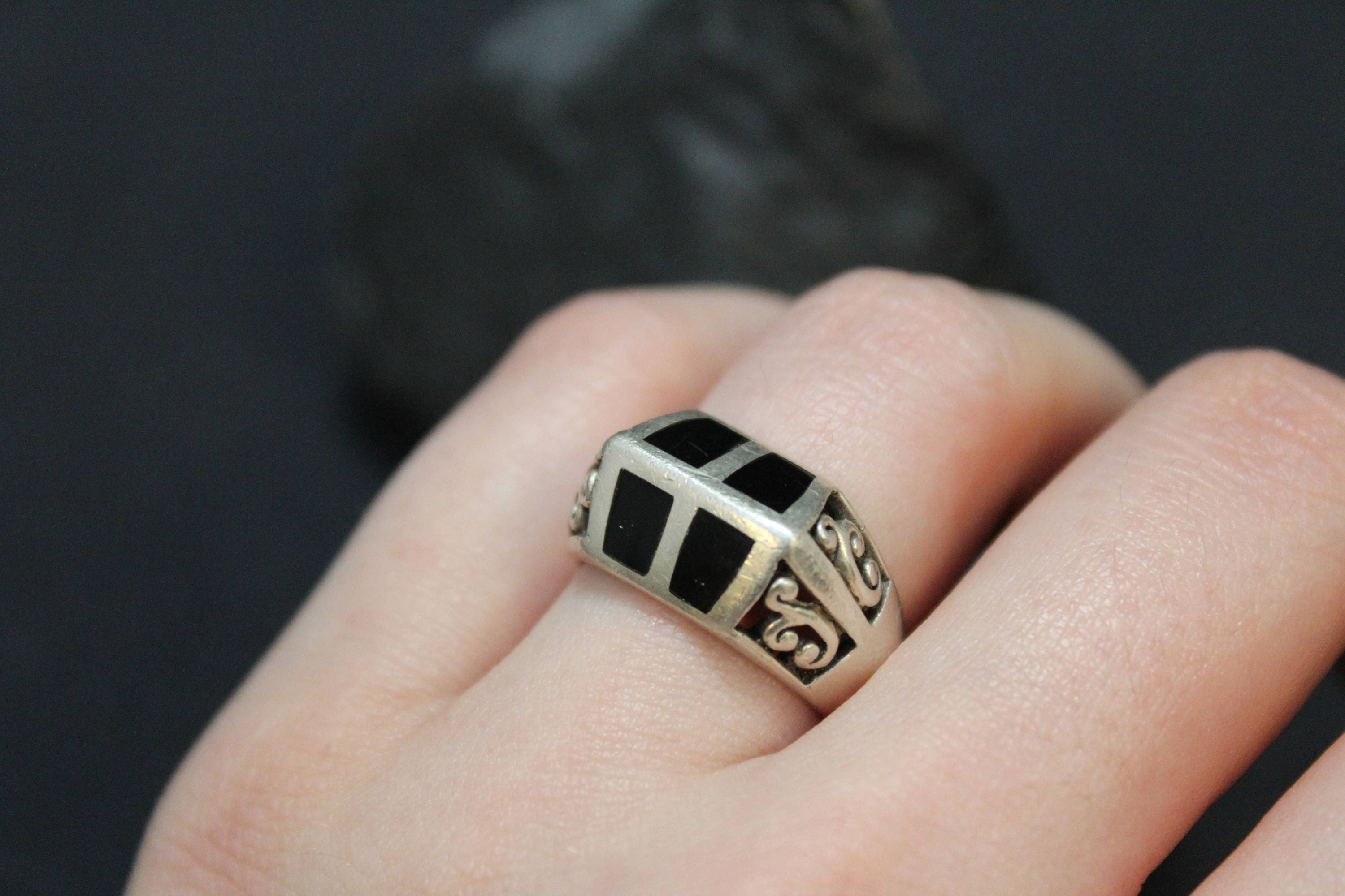 Sterling Silver Onyx Inlay Ring, Filigree Sterling Onyx Ring, Onyx ...