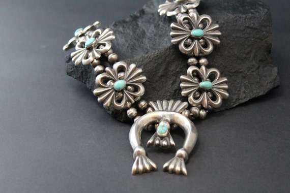 Turquoise Squash Blossom Necklace, Sand Cast Squa… - image 1