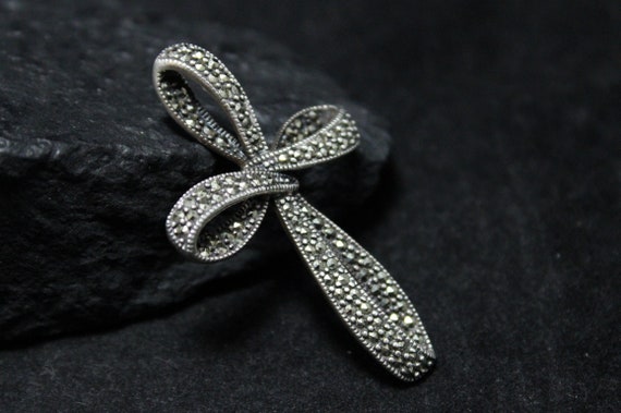 Sterling Silver Marcasite Cross Pendant, Marcasit… - image 1