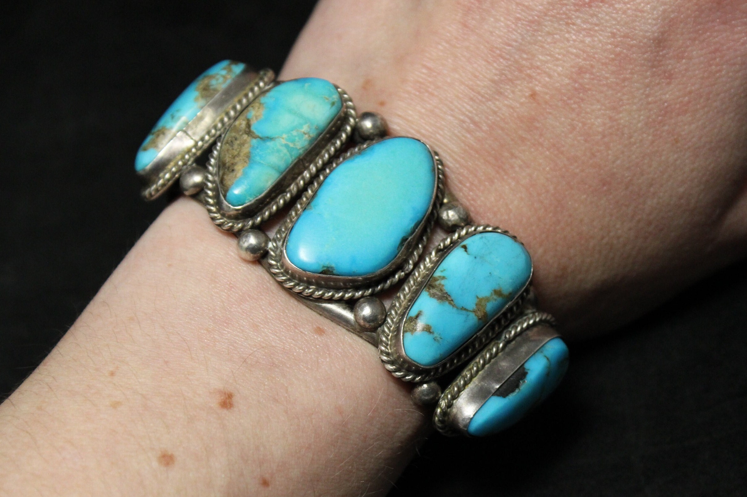 Sterling Silver Old Pawn 5 Stone Turquoise Heavy Cuff Bracelet ...