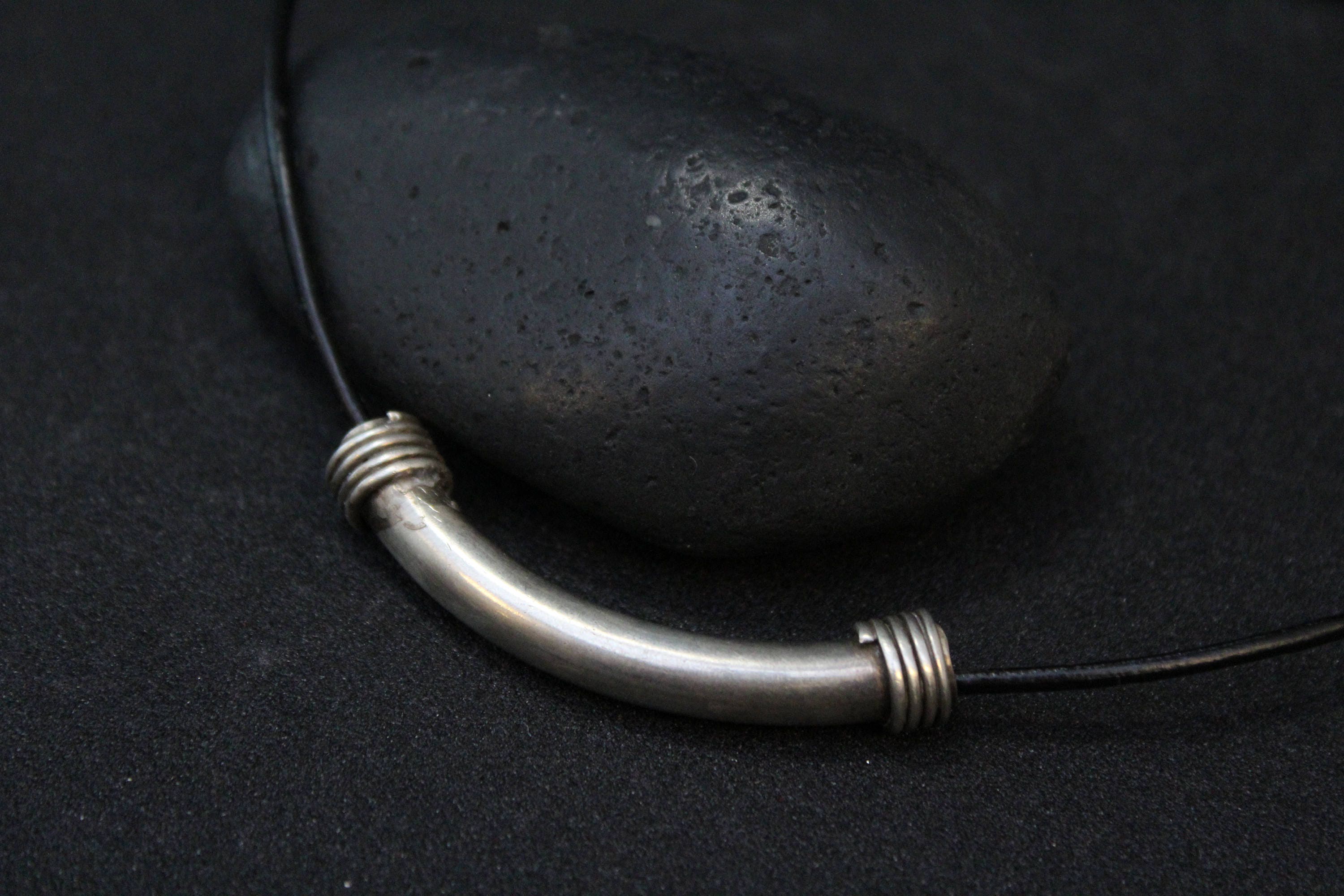 Sterling Silver Curved Tube Necklace on Leather Cord, Sterling Smile Necklace, Sterling Silver