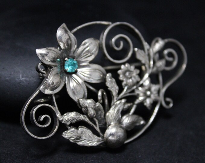 Sterling Silver Vintage Ornate Multi Flower Brooch Pendant With Blue Gem, Flower and Leaf Brooch Pendant, Large Vintage Flower Brooch