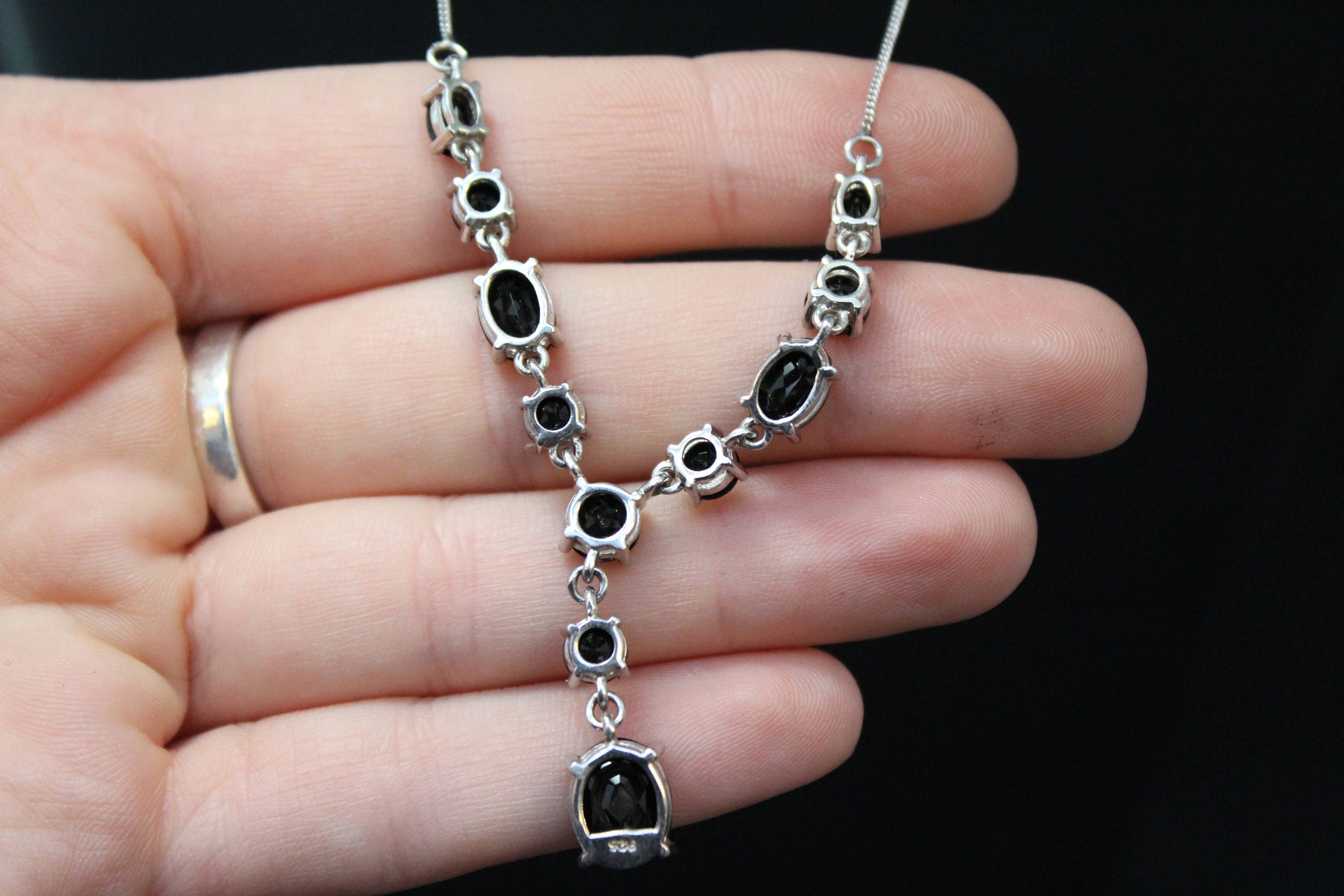 Sterling Silver and Faceted Onyx Dangle Gemstone Necklace, Black Onyx
