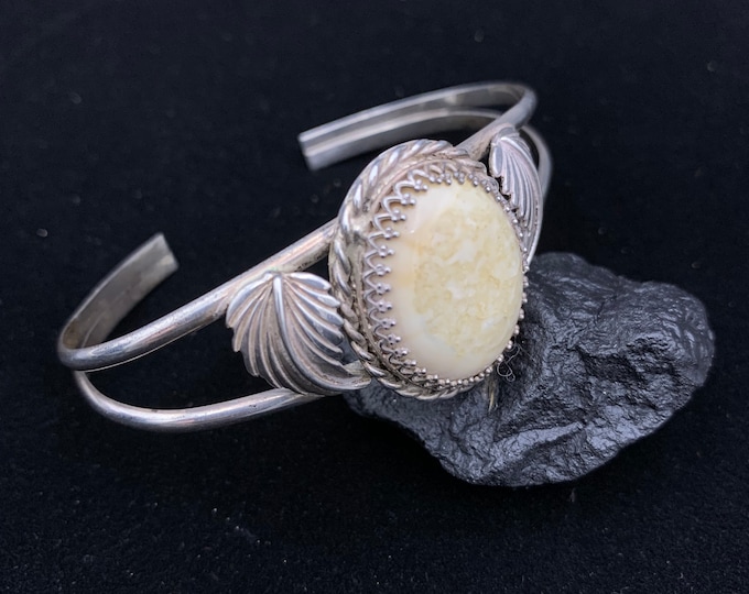 Designer Signed Sterling Silver Cuff Bracelet with Oval White Stone and Leaf Design