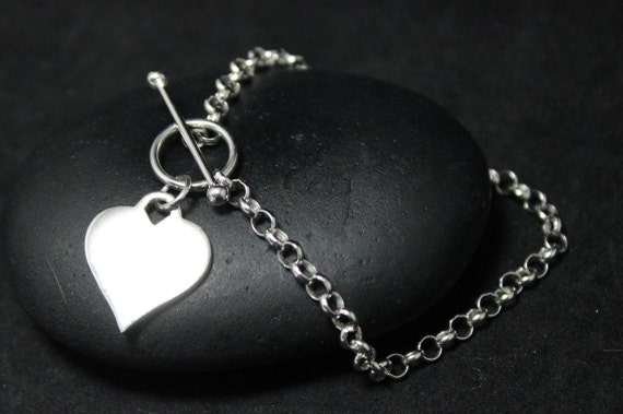 Sterling Silver Toggle Heart Minimalist Chain Bracelet, Sterling Heart Bracelet, Silver Heart Tag Bracelet, Sterling Rolo Chain Bracelet,