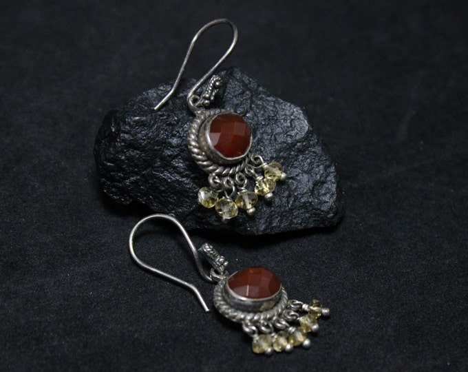 Sterling Silver Rose Cut Carnelian and Citrine Fringe Dangle Earrings, Sterling Carnelian Jewelry, Boho Carnelian Earrings, Citrine Jewelry