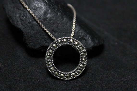 Sterling Silver Marcasite Open Circle Necklace 19… - image 2