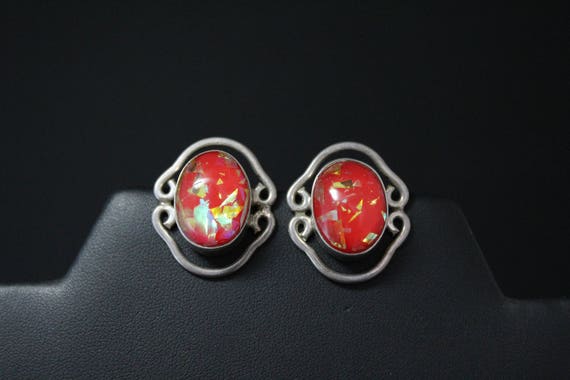 Sterling Silver Red Simulated Opal Earrings, Red … - image 1
