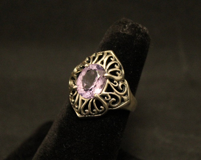 Vintage Sterling Silver Oval Amethyst Ring, Silver Filigree Kabana Designer Ring, Purple Amethyst Gemstone Ring 925